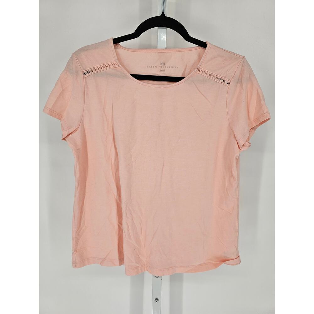 Karen Neuberger Womens Sz S Short Sleeve T Shirt Light Pink Crochet Detail